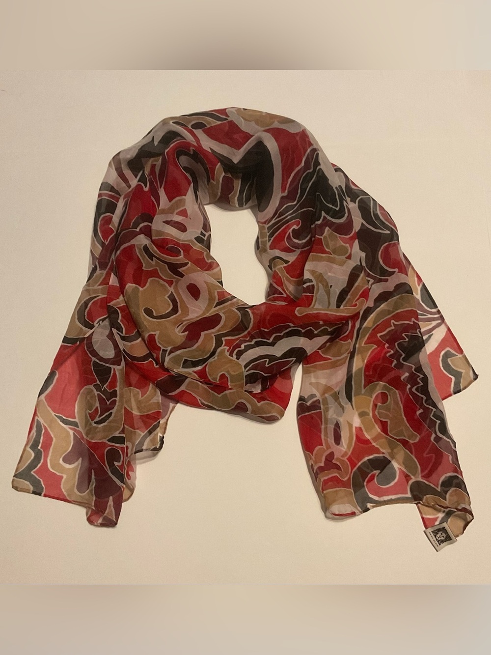 Anne Klein Silk Chiffon Paisley Rectangle Scarf Wrap Red Beige Black 70x17